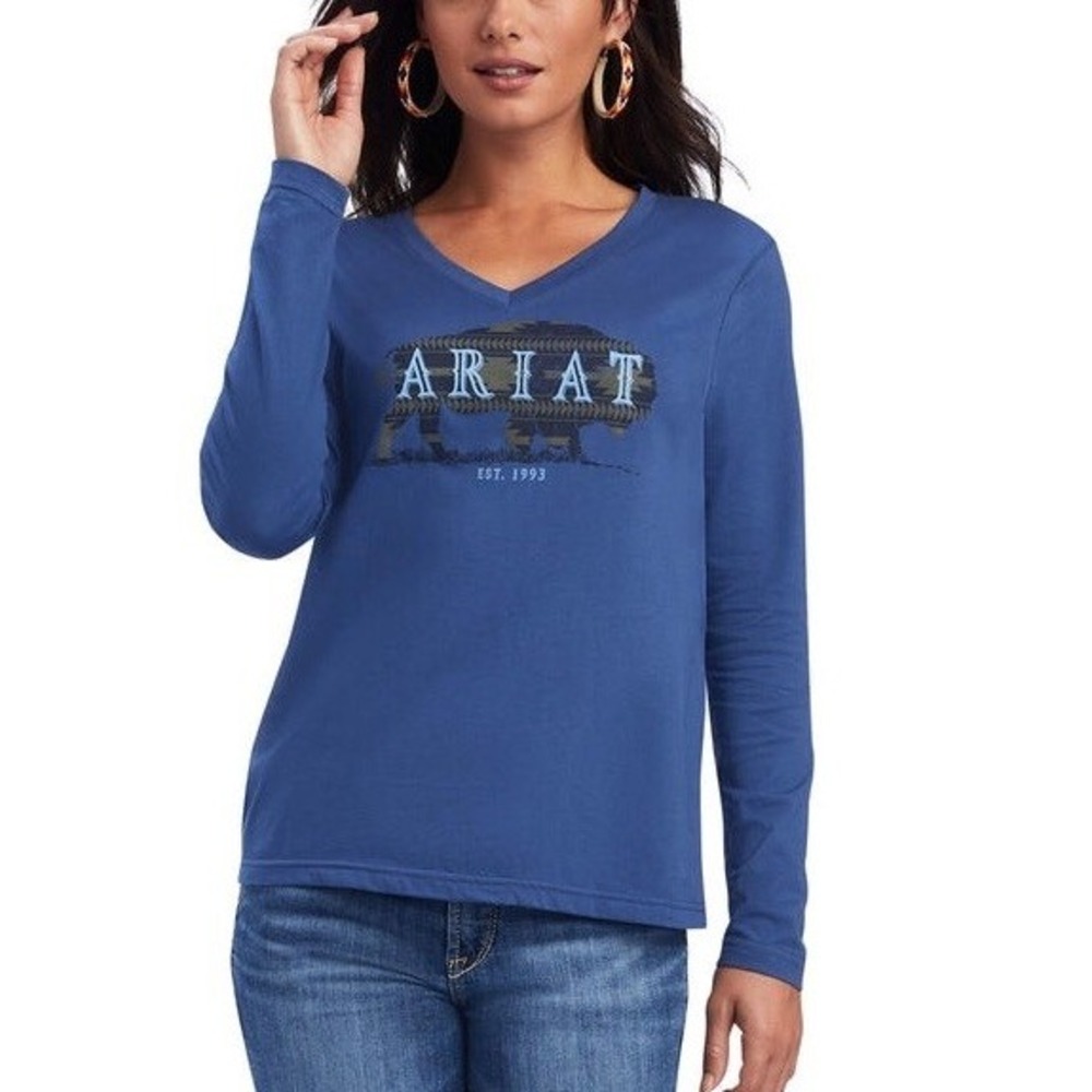 Womens‎ Ariat Graphic Tee Shirt Western Buffalo Blue Long Sleeve Size Small